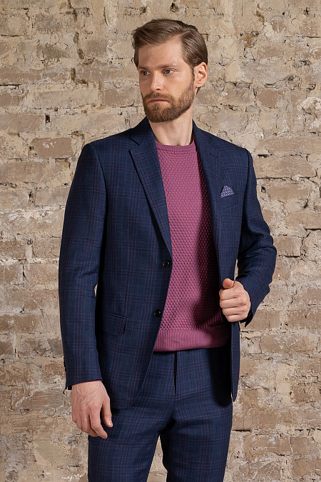 Мужской костюм в клетку из льна, шерсти и шелка Meucci (Италия), арт. MI 2200191/11003 - фото. Цвет: Темно-синий в клетку.