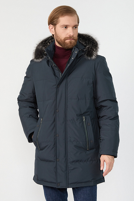 Удлиненный стеганый пуховик с капюшоном для мужчин бренда Meucci (Италия), арт. 1859 - фото. Цвет: Темно-синий. Купить в интернет-магазине https://shop.meucci.ru
