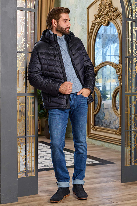 Мужские брендовые джинсы зауженные книзу с эффектом потертости  арт. NLW SL 1903/1 Meucci (Италия) - фото. Цвет: Синий. Купить в интернет-магазине https://shop.meucci.ru
