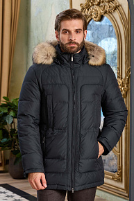 Пуховик темно-зеленый с капюшоном и меховой опушкой  (3226)