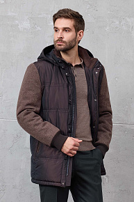 Пуховик с капюшоном из комбинации двух тканей коричневый  (9358)