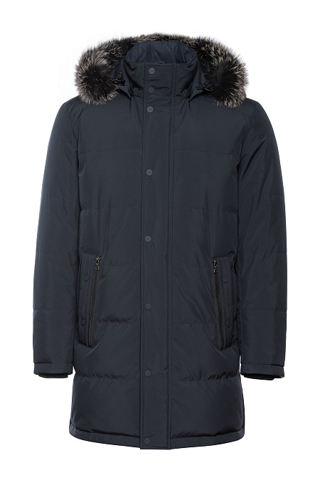 Удлиненный стеганый пуховик с капюшоном для мужчин бренда Meucci (Италия), арт. 1859 - фото. Цвет: Темно-синий. Купить в интернет-магазине https://shop.meucci.ru
